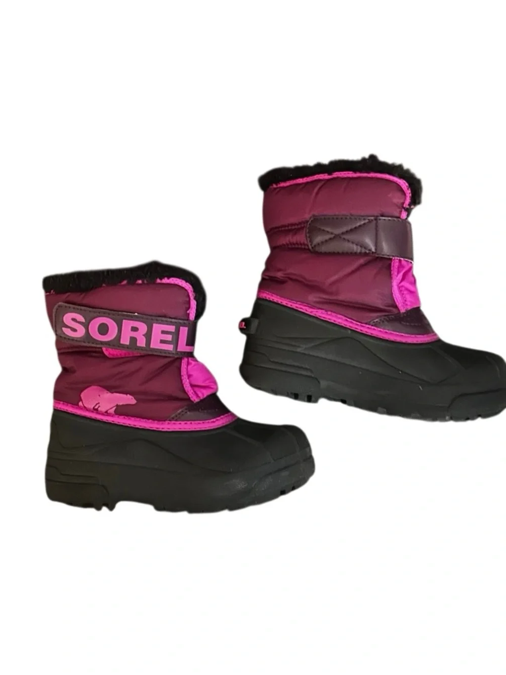Sorel Snow Commander Kids' Winter Boots Fuchsia Black Fleece Sherpa Lining 13